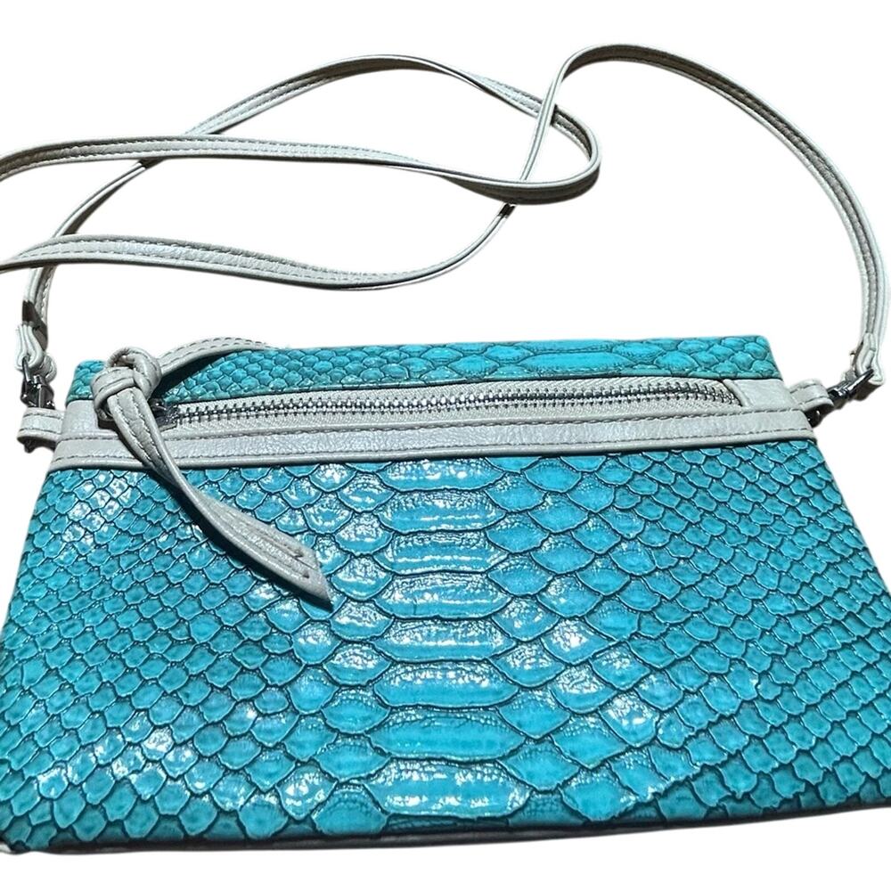 Elegant Turquoise Faux Snakeskin Crossbody Bag white strap